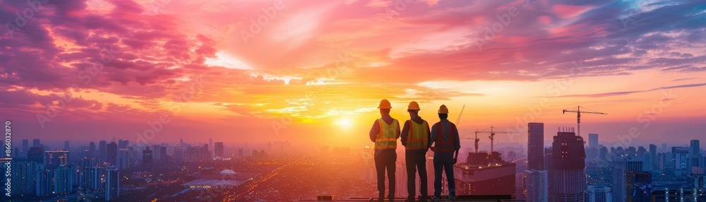 Fototapeta premium Silhouettes of three construction workers standing on a building rooftop at sunset, with the city skyline in the background.