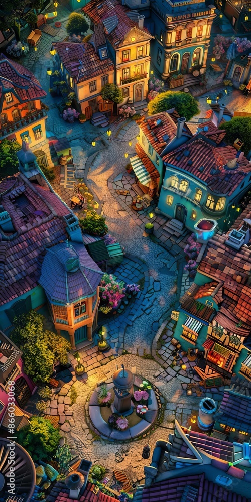 Fototapeta premium 40 Whimsical town square with colorful buildings and fairy lights bird's-eye view twilight