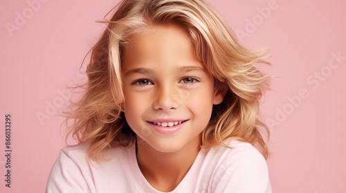 Portrait of a beautiful, happy smiling blond boy with long hair and perfect skin, pink background, banner.