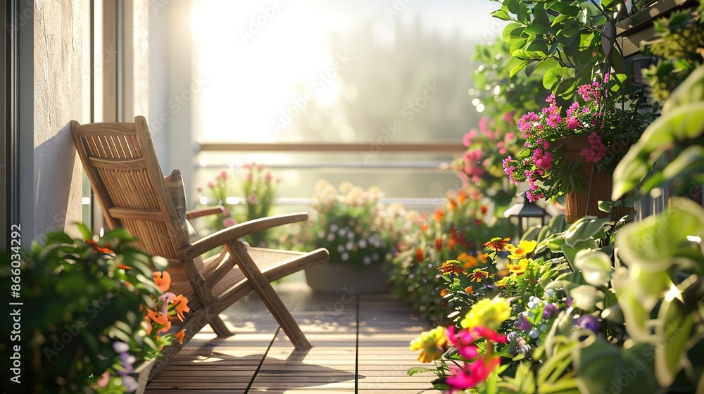 Obraz premium Sunny balcony retreat with lush flowers and a relaxing wooden chair. copy space for text.