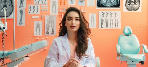 Confident dentist in white coat standing in modern dental clinic photo