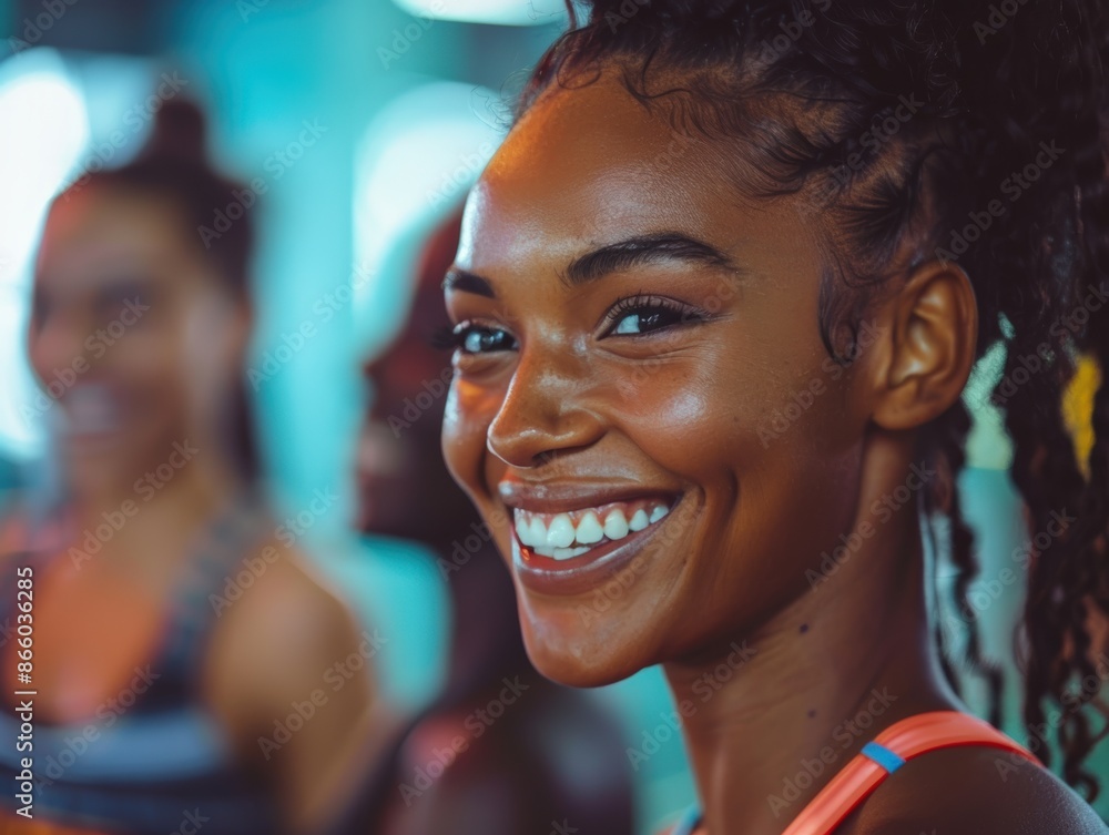 Smiling woman in a gym surrounded by friends, showing joy and positivity during a workout session. Smiling woman in a gym surrounded by friends, showing joy and positivity during a workout session.