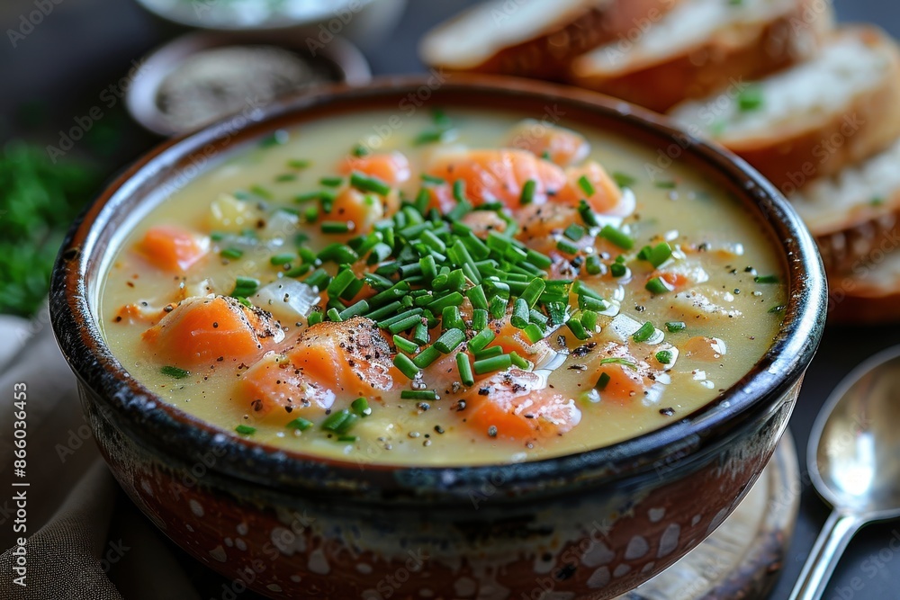 A bowl of Cullen skink, a Scottish smoked haddock soup, garnished with chopped chives. A bowl of Cullen skink, a Scottish smoked haddock soup, garnished with chopped chives.