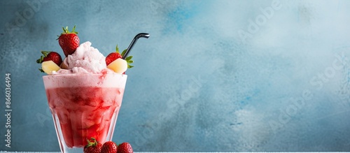 Frozen creamy cocktail with whipped ice cream, rhubarb, and sliced strawberries for a strawberry rhubarb milkshake copy space image.