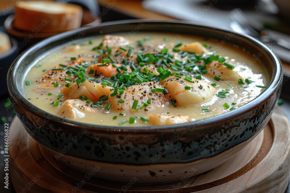 A bowl of Cullen skink, a Scottish smoked haddock soup, garnished with chopped chives. A bowl of Cullen skink, a Scottish smoked haddock soup, garnished with chopped chives.