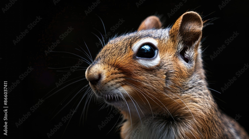 Close-up of squirrel's face with black background Close-up of squirrel's face with black background