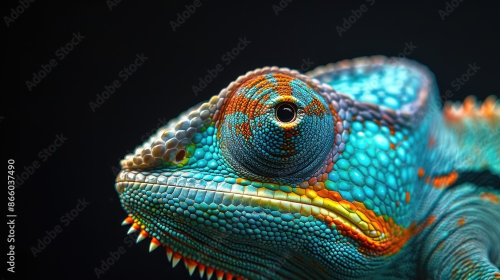 Colorful chameleon close-up showcasing vibrant textures against black background. Colorful chameleon close-up showcasing vibrant textures against black background.