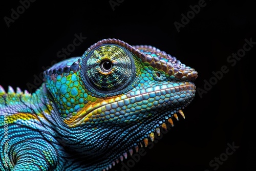 Colorful chameleon close-up showcasing vibrant textures against black background.