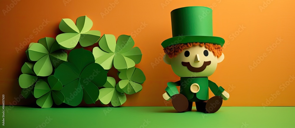 A St. Patrick's Day-themed leprechaun paper craft showcasing a green four-leaf clover, an excellent creativity material for children, with ample copy space image. A St. Patrick's Day-themed leprechaun paper craft showcasing a green four-leaf clover, an excellent creativity material for children, with ample copy space image.