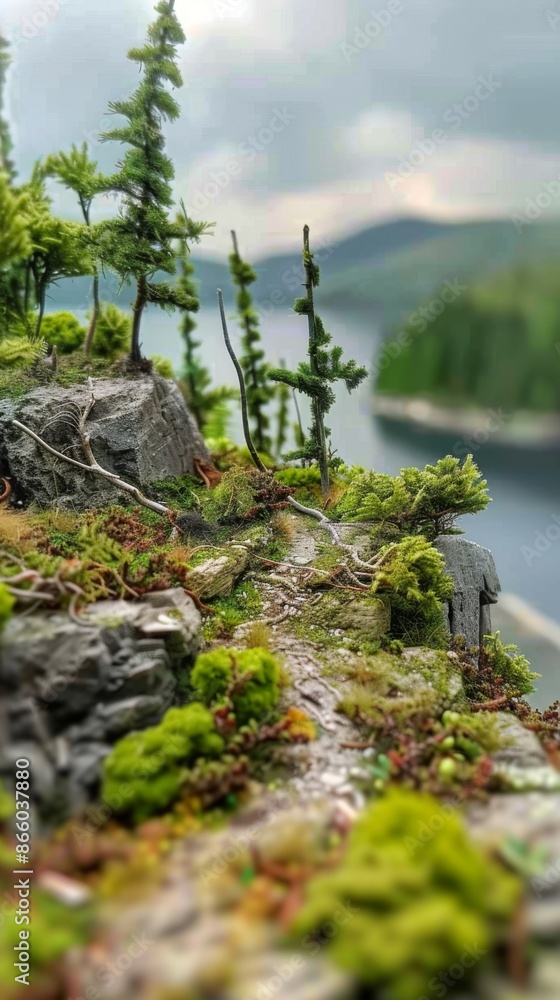Miniature landscape with pine trees, a flowing creek, and a lake in the background. Concepts. miniature art, nature, diorama, scenery, model making, and creativity Miniature landscape with pine trees, a flowing creek, and a lake in the background. Concepts. miniature art, nature, diorama, scenery, model making, and creativity
