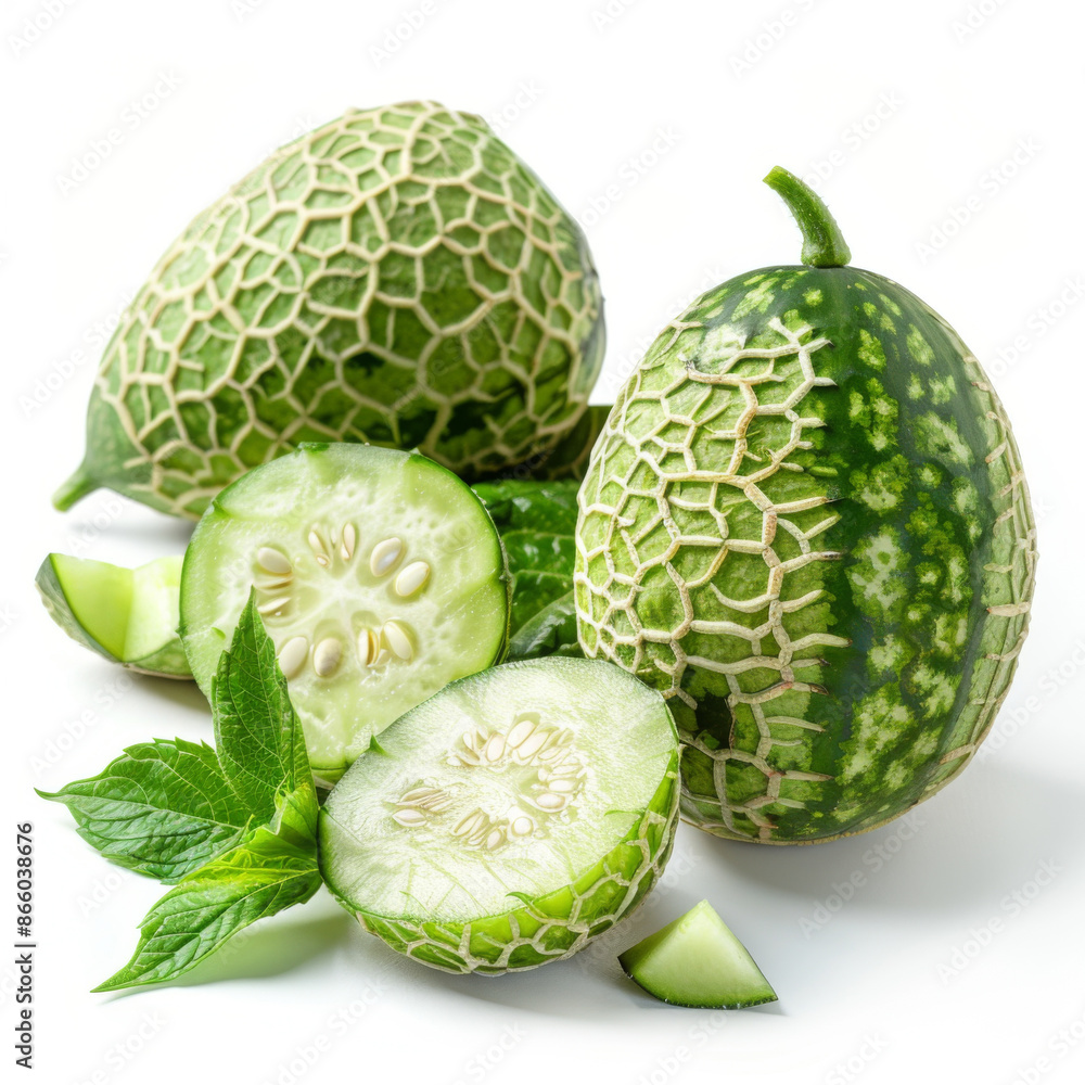 Close-up of sliced and whole green Melothria cucumbers with leaves, highlighting their unique texture and fresh appearance. Close-up of sliced and whole green Melothria cucumbers with leaves, highlighting their unique texture and fresh appearance.