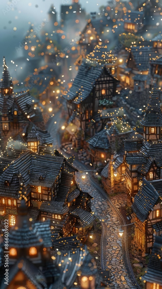 Obraz premium 20 Whimsical village with cobblestone streets and fairy lights bird's-eye view dusk