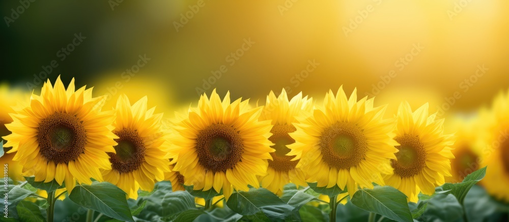 Fototapeta premium Sunflower field creating border against green backdrop, offering copy space image.