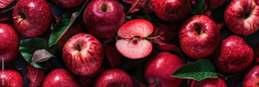 Fruit From Above. Red Apple Slices with Leaves in Top View Panorama Fruit From Above. Red Apple Slices with Leaves in Top View Panorama