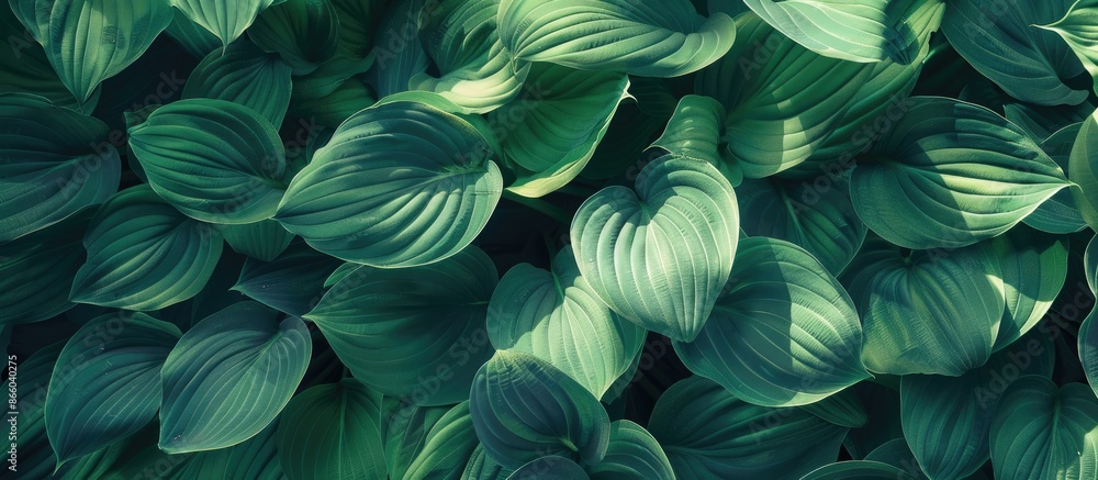 Hosta leaves in light green shade, shadows cast on plants, creating a textured background with room for a copy space image. Hosta leaves in light green shade, shadows cast on plants, creating a textured background with room for a copy space image.