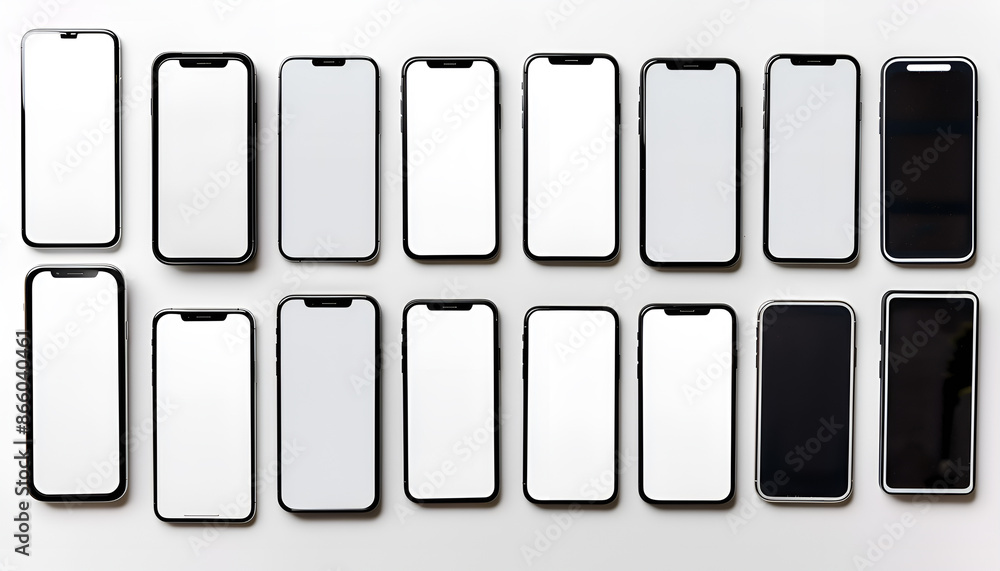 Smartphones with blank screens isolated on white, collage. Mockup for design Smartphones with blank screens isolated on white, collage. Mockup for design