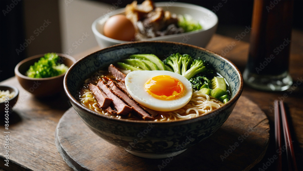 A bowl of ramen with sliced meat, half-boiled egg and green vegetables. A bowl of ramen with sliced meat, half-boiled egg and green vegetables.