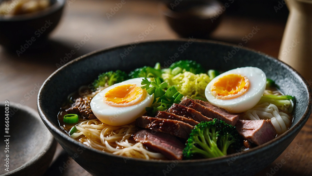 A bowl of ramen with sliced meat, half-boiled egg and green vegetables. A bowl of ramen with sliced meat, half-boiled egg and green vegetables.
