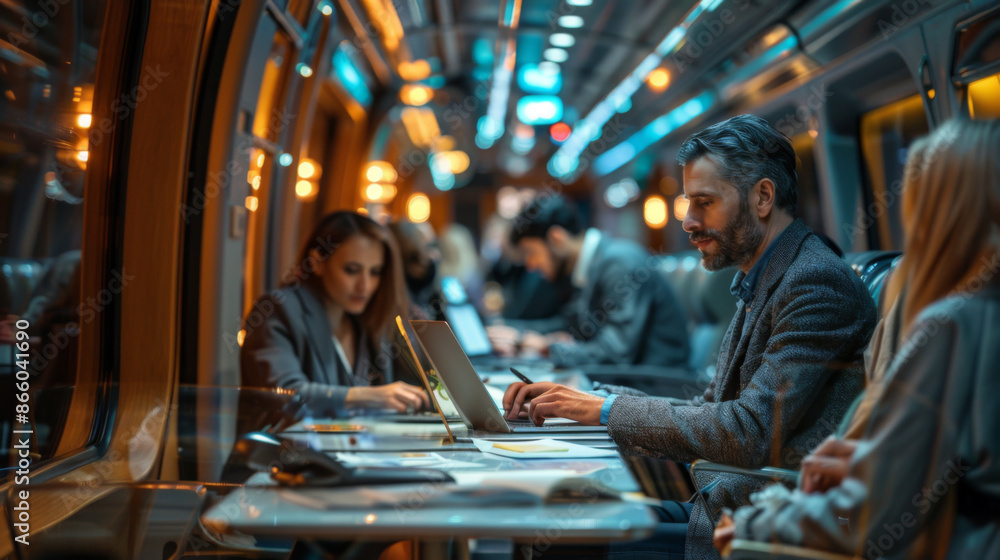 Professional man working on his laptop during a train ride, with a modern and productive atmosphere in the background. Professional man working on his laptop during a train ride, with a modern and productive atmosphere in the background.