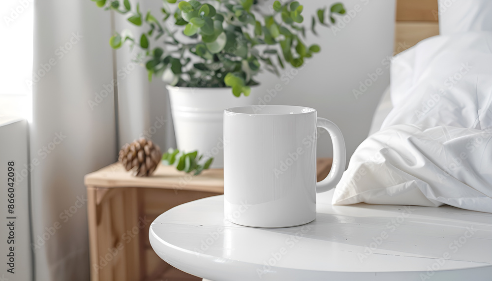 Ceramic mug on white bedside table indoors. Mockup for design Ceramic mug on white bedside table indoors. Mockup for design