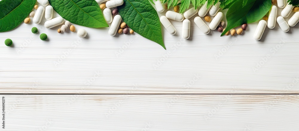 Top view of diverse organic capsules, plant-based supplements, and green leaves on a white wooden background, with ample copy space for an image. Top view of diverse organic capsules, plant-based supplements, and green leaves on a white wooden background, with ample copy space for an image.