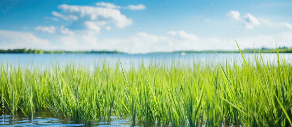 Obraz premium Landscape photo with selective focus on marshland, showcasing grass field against a blue sky with copy space image.