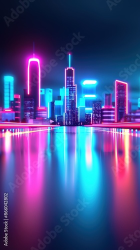 Stunning futuristic cityscape with neon lights reflecting on the water at night, showcasing vibrant urban architecture. © KanitChurem