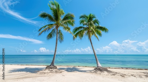 Palm No. Empty and Deserted Sandy Beach with Palm Trees in Key West, Florida © Web