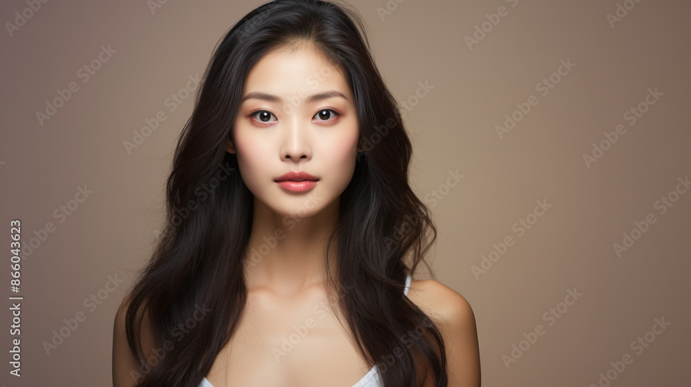 Naklejka premium portrait of a women, a photo of an Asian woman with long straight hair, fair skin tone and light makeup.