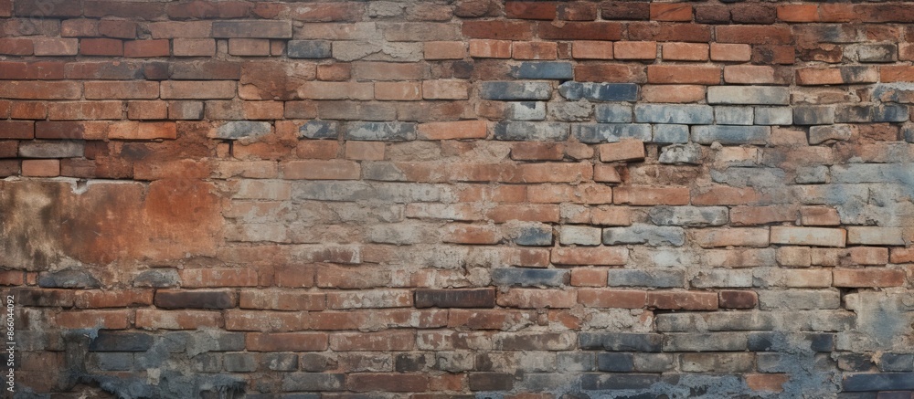 Naklejka premium Utilize this aged, weathered brick wall with a distressed appearance as a backdrop, wallpaper, or texture in your design, enhanced with ample copy space for images.