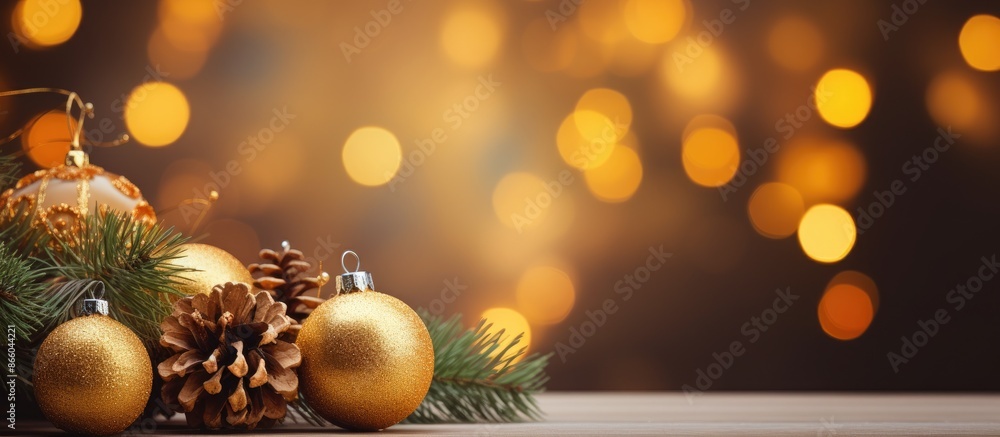 Festive Christmas background featuring fir tree branches, xmas ornaments, golden glass cone, yellow, and orange balls, with a blurred golden boke providing a warm backdrop for copy space image. Festive Christmas background featuring fir tree branches, xmas ornaments, golden glass cone, yellow, and orange balls, with a blurred golden boke providing a warm backdrop for copy space image.