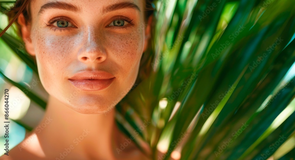 Portrait of a beautiful woman with smooth skin and a perfect face stands against the background of palm leaves on a tropical beach. summer, vacation skin care concepts Portrait of a beautiful woman with smooth skin and a perfect face stands against the background of palm leaves on a tropical beach. summer, vacation skin care concepts