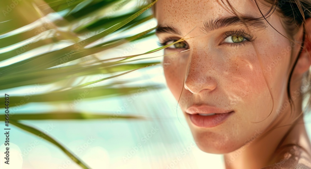 Portrait of a beautiful woman with smooth skin and a perfect face stands against the background of palm leaves on a tropical beach. summer, vacation skin care concepts Portrait of a beautiful woman with smooth skin and a perfect face stands against the background of palm leaves on a tropical beach. summer, vacation skin care concepts