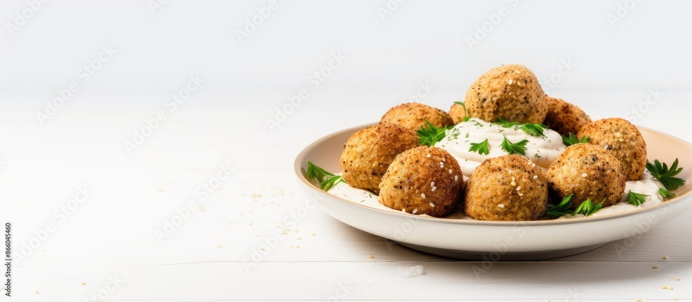 A plate with chickpea falafel and tahini sauce on a white background, viewed from the top, with space for text or images. with copy space image. Place for adding text or design A plate with chickpea falafel and tahini sauce on a white background, viewed from the top, with space for text or images. with copy space image. Place for adding text or design