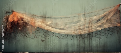 A weathered fishing net left hanging on a rusty dock beam with copy space image. photo