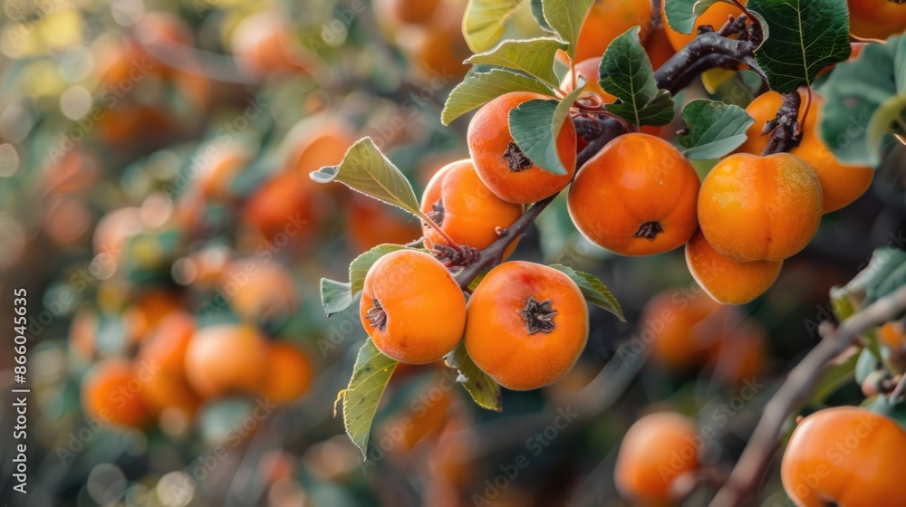 Persimmon Tree. Fresh Autumn Fruits Growing in Natural Forest Background Persimmon Tree. Fresh Autumn Fruits Growing in Natural Forest Background