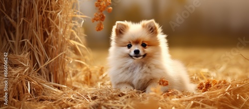 Pomeranian spitz puppy sitting in straw with copy space image. photo