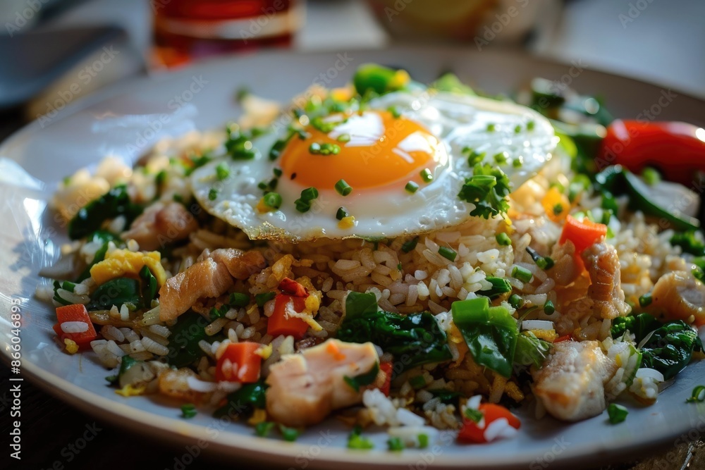 Fried Rice With Egg and Chicken. Delicious Asian Meal with Vegetables Fried Rice With Egg and Chicken. Delicious Asian Meal with Vegetables