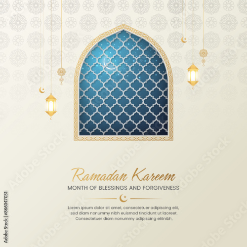 Ramadan Kareem Islamic Elegant Ornamental Greeting Card Background with Arabic Pattern and Border photo