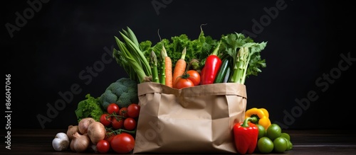 A consumer's basket with a variety of vegetables and cereals displayed in a paper bag on a black background, ideal for online shopping or promoting healthy food, with copy space image.