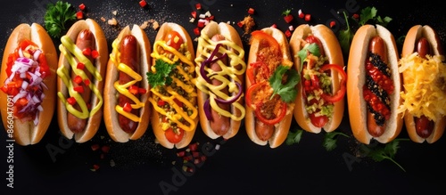 Top view of various hot dog...