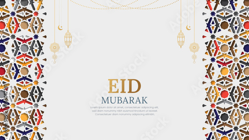 Eid Mubarak greeting card social media post with colorful ornamental Islamic pattern