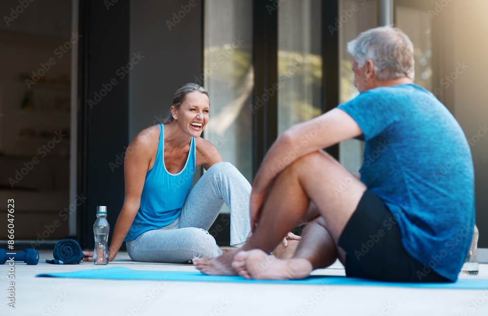 Outdoor, relax and mature couple for yoga, talking and laughing with balance by house. Fitness, woman and man on break after joint mobility, communication and bonding together in marriage with joke Outdoor, relax and mature couple for yoga, talking and laughing with balance by house. Fitness, woman and man on break after joint mobility, communication and bonding together in marriage with joke