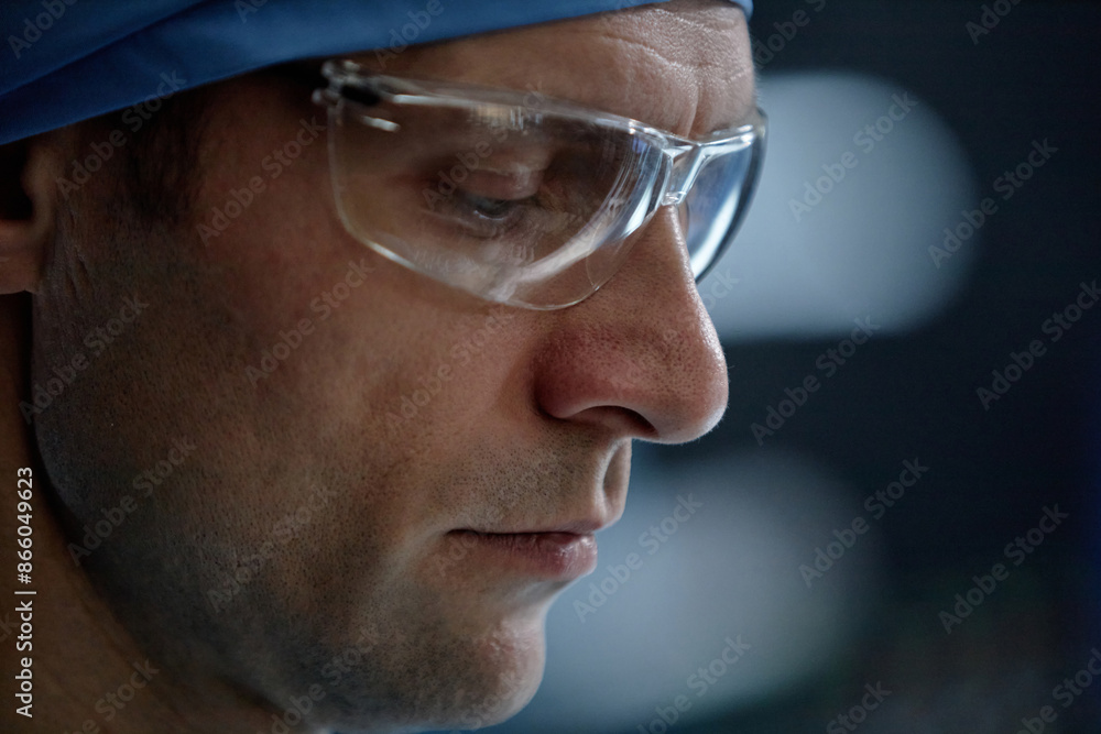 Extreme closeup portrait of focused surgeon wearing protective glasses looking down in operating room copy space Extreme closeup portrait of focused surgeon wearing protective glasses looking down in operating room copy space