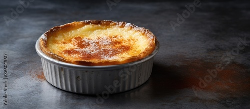 Freshly baked South African milk tart in tin, showcasing a rustic mottled grey surface with space for text or image. with copy space image. Place for adding text or design