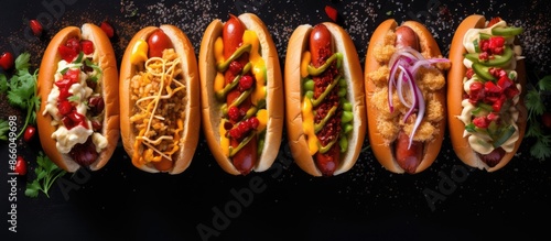 Top view of various hot dog...
