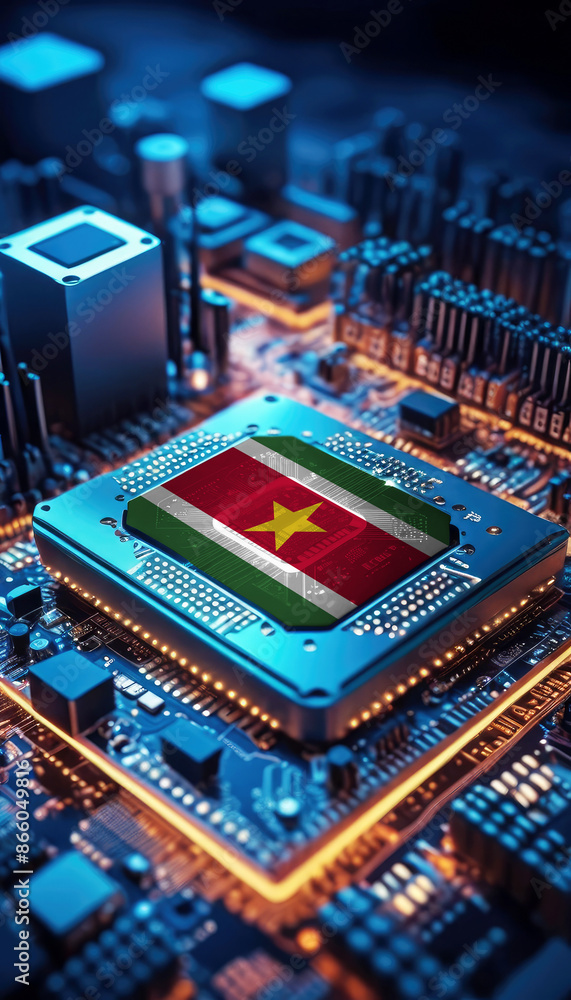 Obraz premium The Suriname flag embedded on a powerful CPU, symbolizing leadership in technological innovation and digital advancement