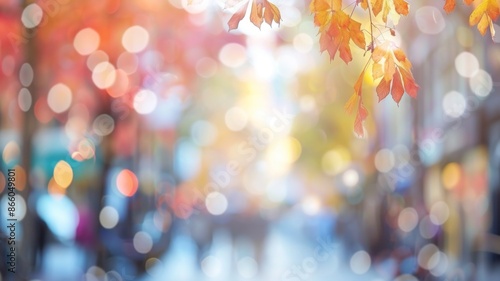Blurred autumnal city street scene with colorful bokeh and vibrant orange leaves. Perfect for fall backgrounds, seasonal themes, and urban cityscapes. photo