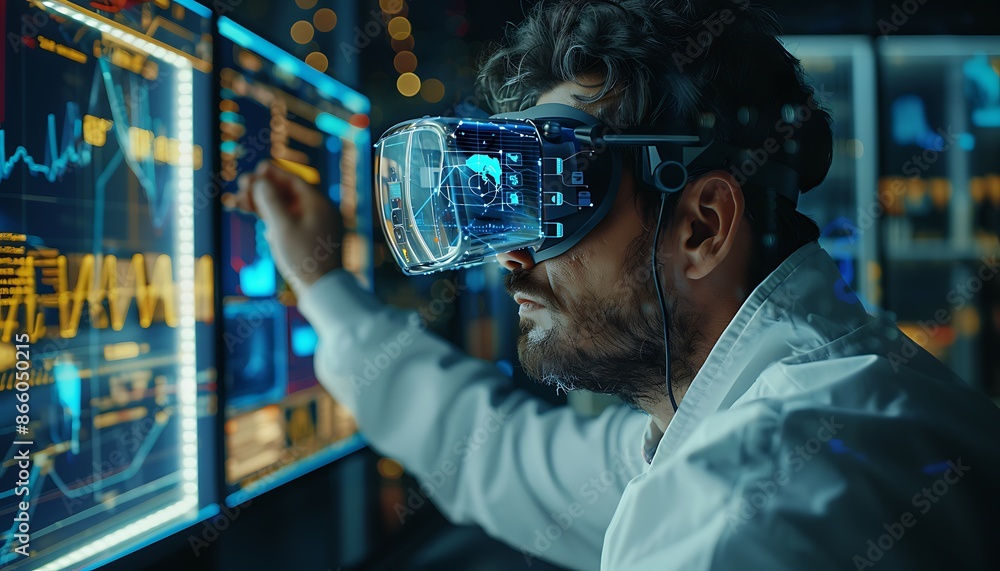 Experiencing virtual reality. Side view of young man in virtual reality headset touching screen while standing in quest room Experiencing virtual reality. Side view of young man in virtual reality headset touching screen while standing in quest room