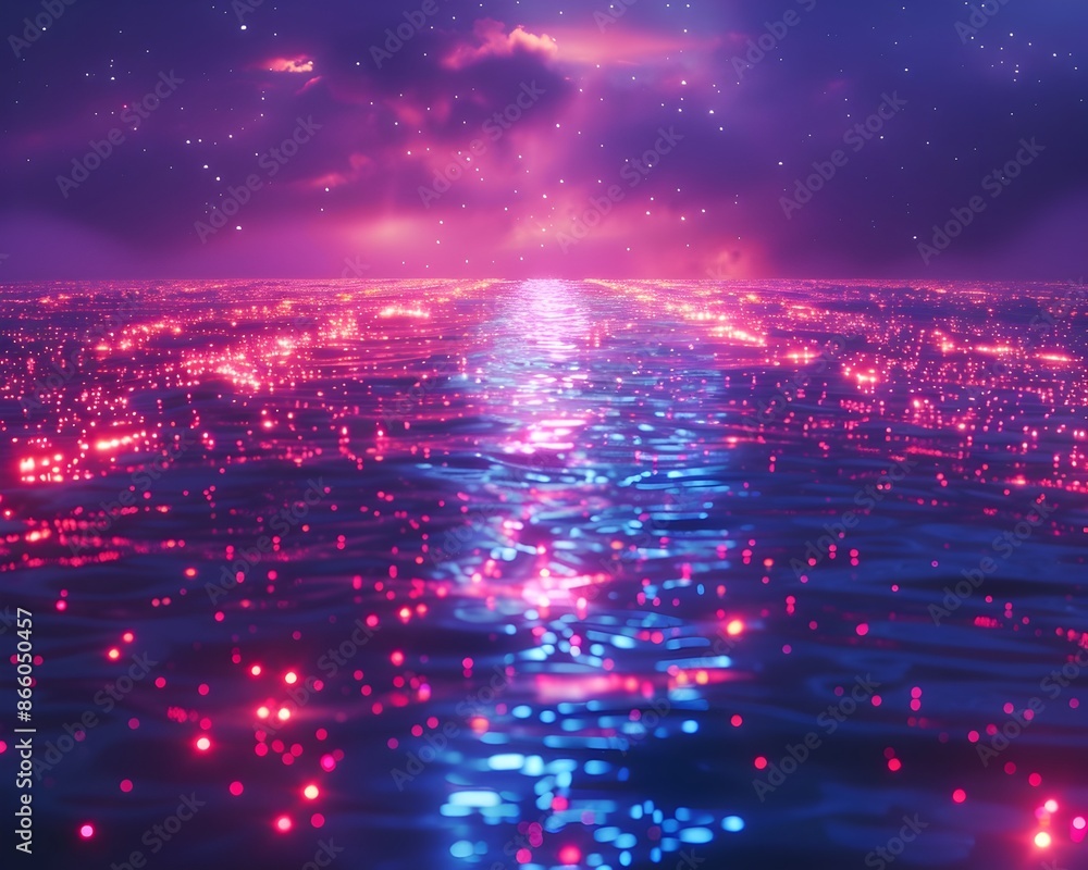 Obraz premium Neon Lit Digital Lake with Mesmerizing Landscape and Glowing Patterns